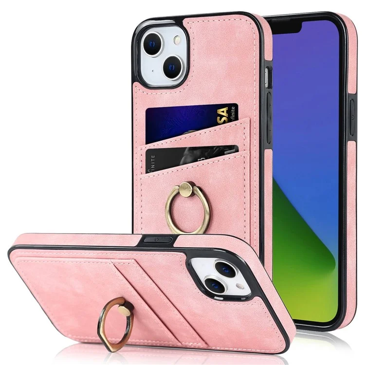 Funda para iPhone 14 Plus Retro, de cuero, con recubrimiento de TPU, con anillo de metal para el dedo y soporte, con ranuras para tarjetas - Color rosa