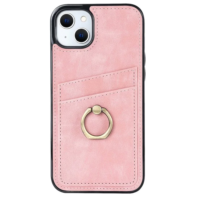 Funda para iPhone 14 Plus Retro, de cuero, con recubrimiento de TPU, con anillo de metal para el dedo y soporte, con ranuras para tarjetas - Color rosa