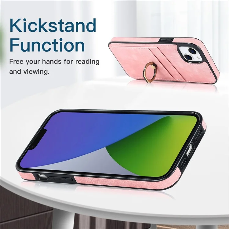 Funda para iPhone 14 Plus Retro, de cuero, con recubrimiento de TPU, con anillo de metal para el dedo y soporte, con ranuras para tarjetas - Color rosa