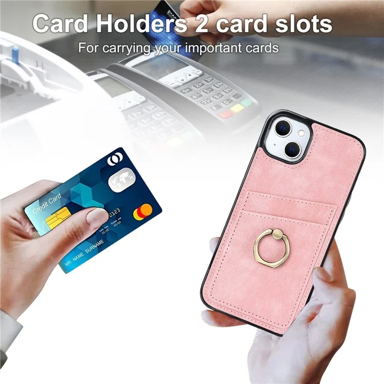 Funda para iPhone 14 Plus Retro, de cuero, con recubrimiento de TPU, con anillo de metal para el dedo y soporte, con ranuras para tarjetas - Color rosa