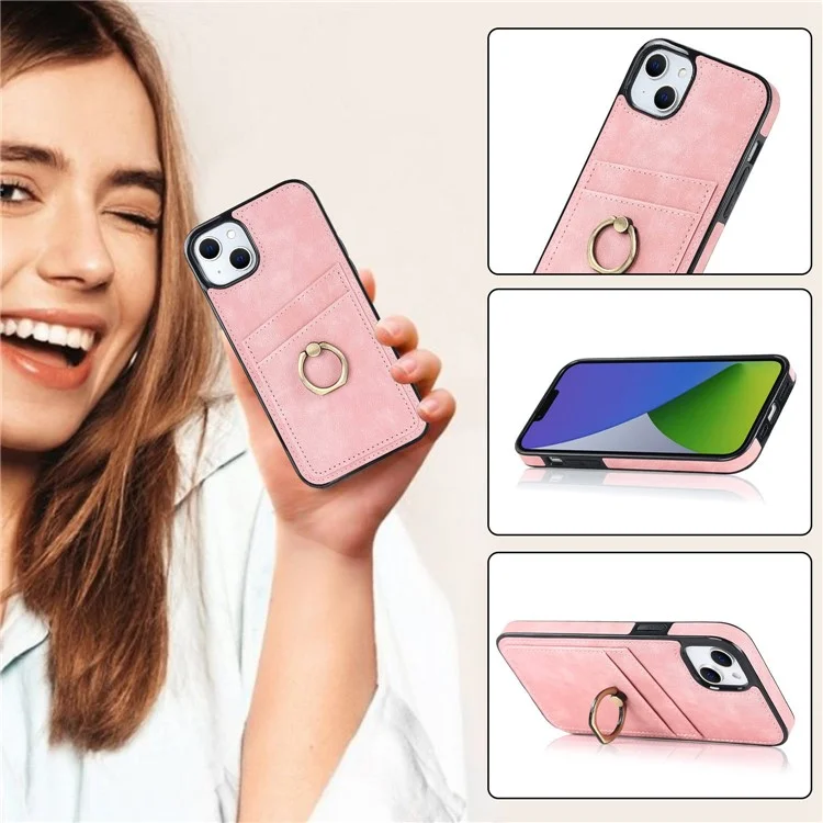 Funda para iPhone 14 Plus Retro, de cuero, con recubrimiento de TPU, con anillo de metal para el dedo y soporte, con ranuras para tarjetas - Color rosa