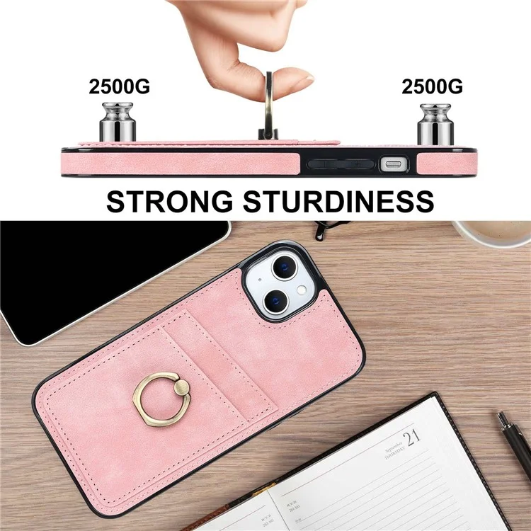 Funda para iPhone 14 Plus Retro, de cuero, con recubrimiento de TPU, con anillo de metal para el dedo y soporte, con ranuras para tarjetas - Color rosa