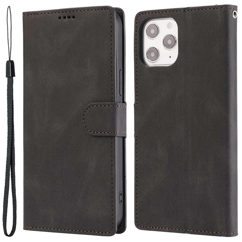 For iPhone 14 Pro 6.1 inch PU Leather Drop-proof Phone Case Wallet Stand Protective Cover with Strap - Black