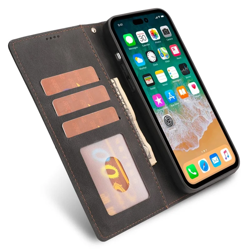 For iPhone 14 Pro 6.1 inch PU Leather Drop-proof Phone Case Wallet Stand Protective Cover with Strap - Black