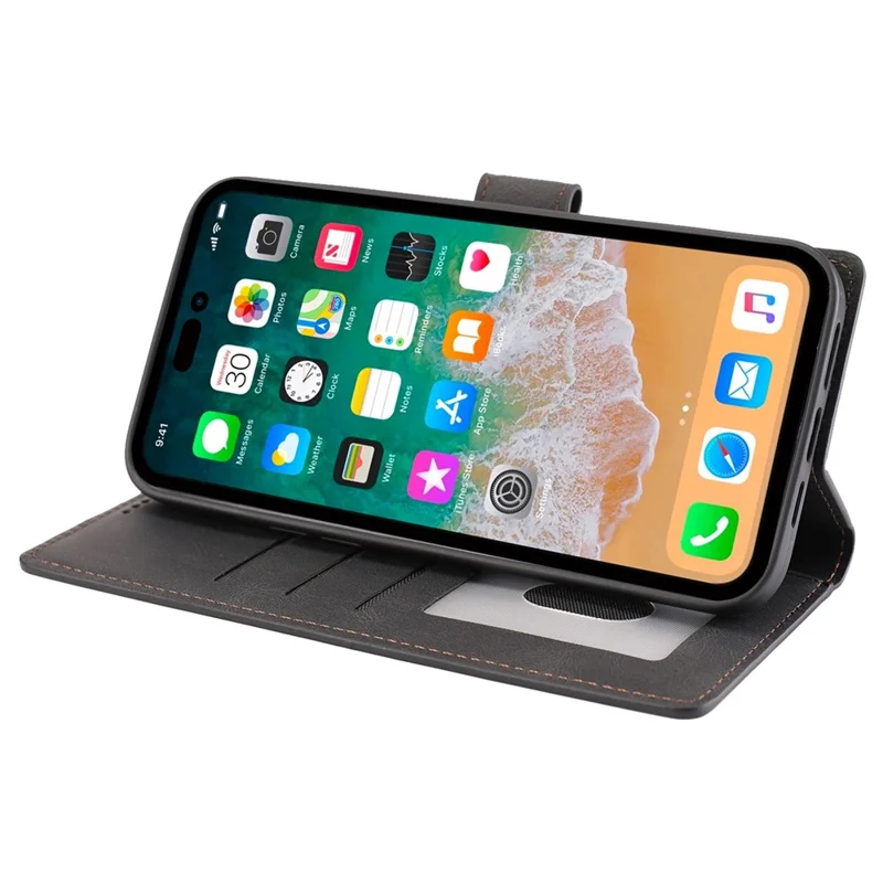 For iPhone 14 Pro 6.1 inch PU Leather Drop-proof Phone Case Wallet Stand Protective Cover with Strap - Black
