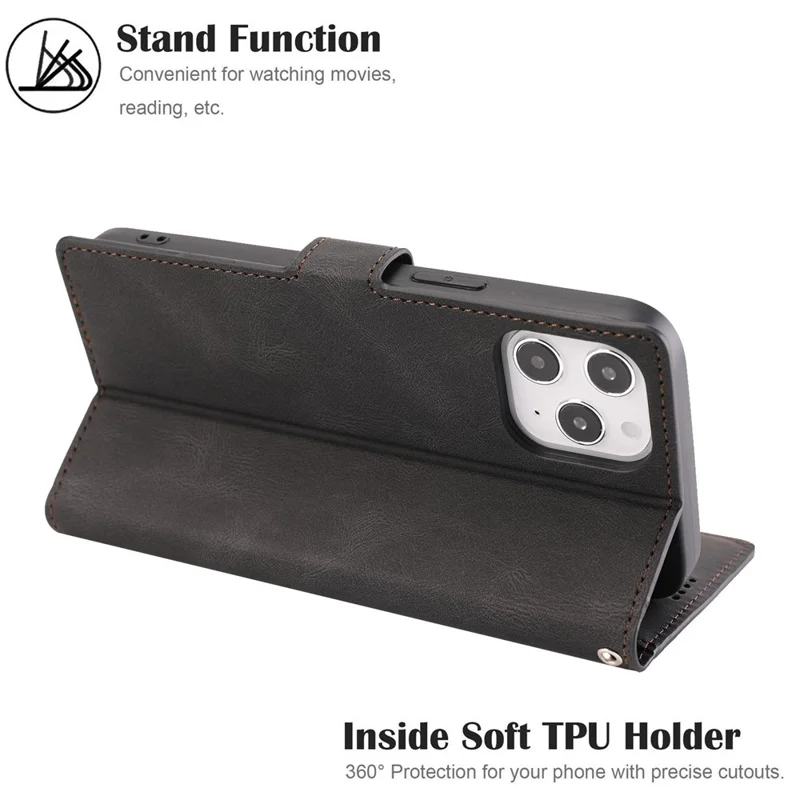 For iPhone 14 Pro 6.1 inch PU Leather Drop-proof Phone Case Wallet Stand Protective Cover with Strap - Black
