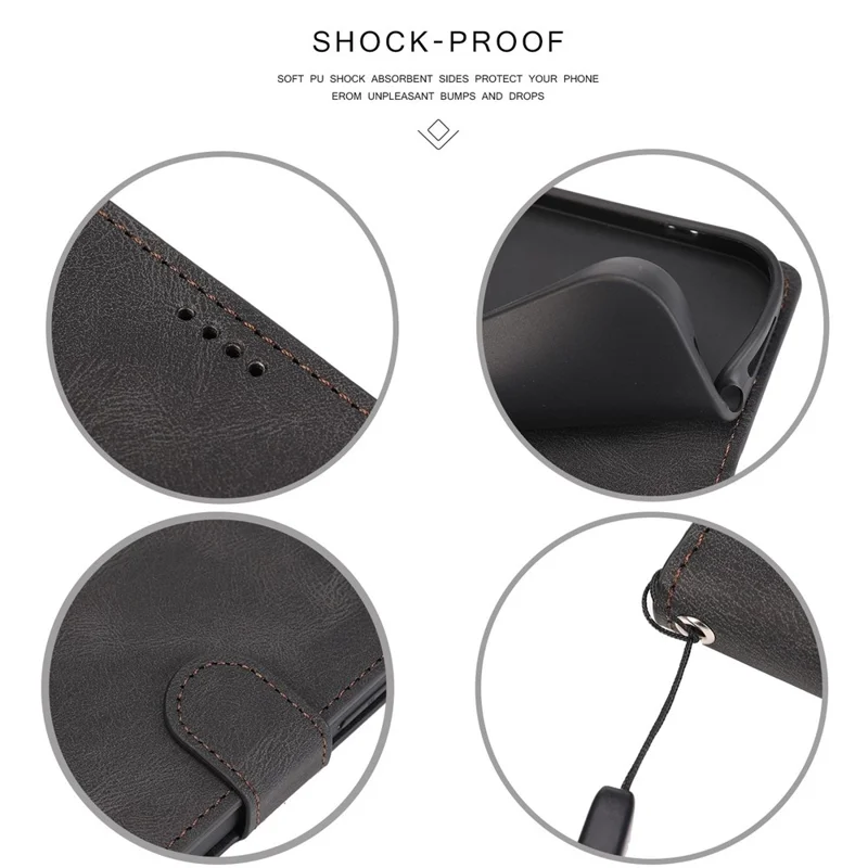 For iPhone 14 Pro 6.1 inch PU Leather Drop-proof Phone Case Wallet Stand Protective Cover with Strap - Black