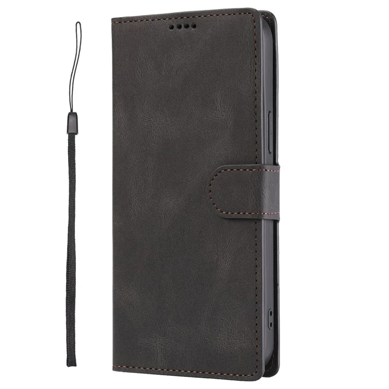 For iPhone 14 Pro 6.1 inch PU Leather Drop-proof Phone Case Wallet Stand Protective Cover with Strap - Black