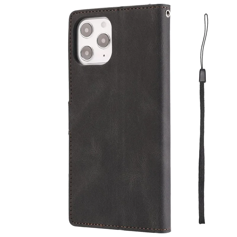 For iPhone 14 Pro 6.1 inch PU Leather Drop-proof Phone Case Wallet Stand Protective Cover with Strap - Black
