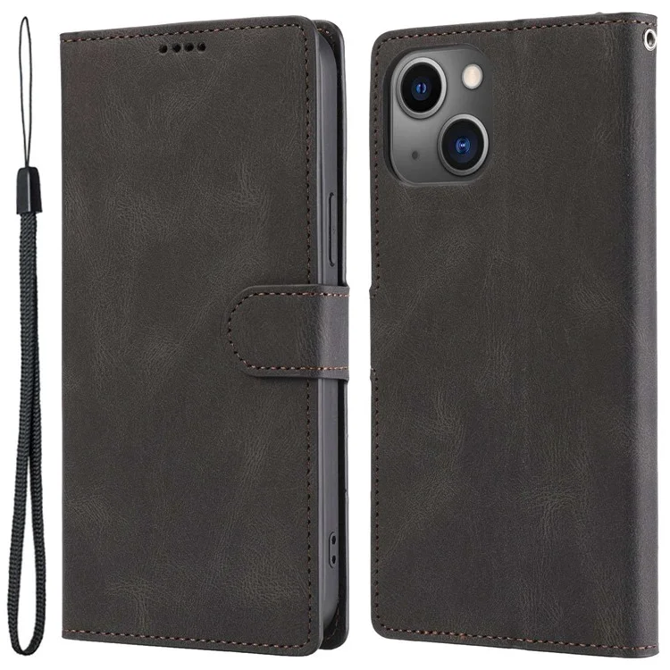 For iPhone 14 Plus PU Leather Full Protection Phone Wallet Case Flip Stand Protective Cover with Strap - Black