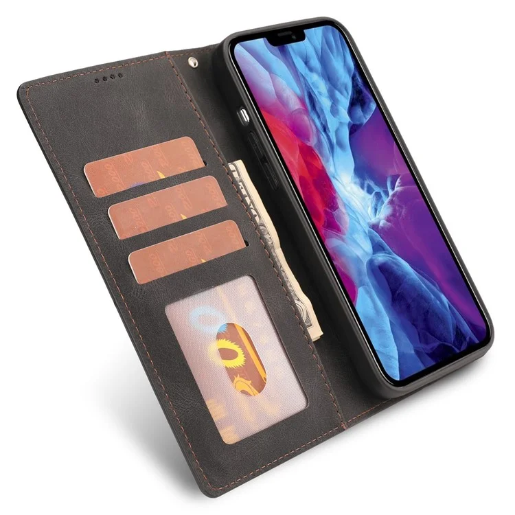 For iPhone 14 Plus PU Leather Full Protection Phone Wallet Case Flip Stand Protective Cover with Strap - Black