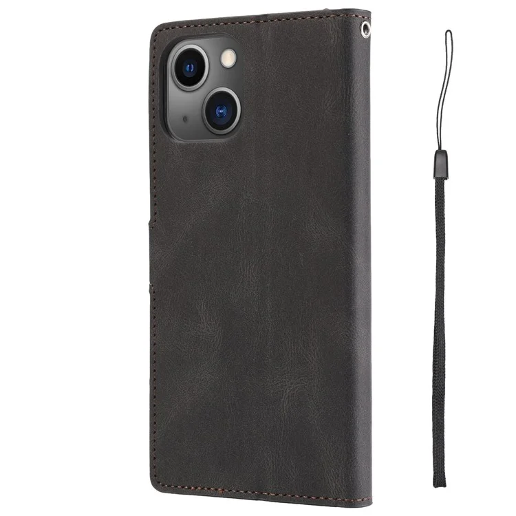For iPhone 14 Plus PU Leather Full Protection Phone Wallet Case Flip Stand Protective Cover with Strap - Black
