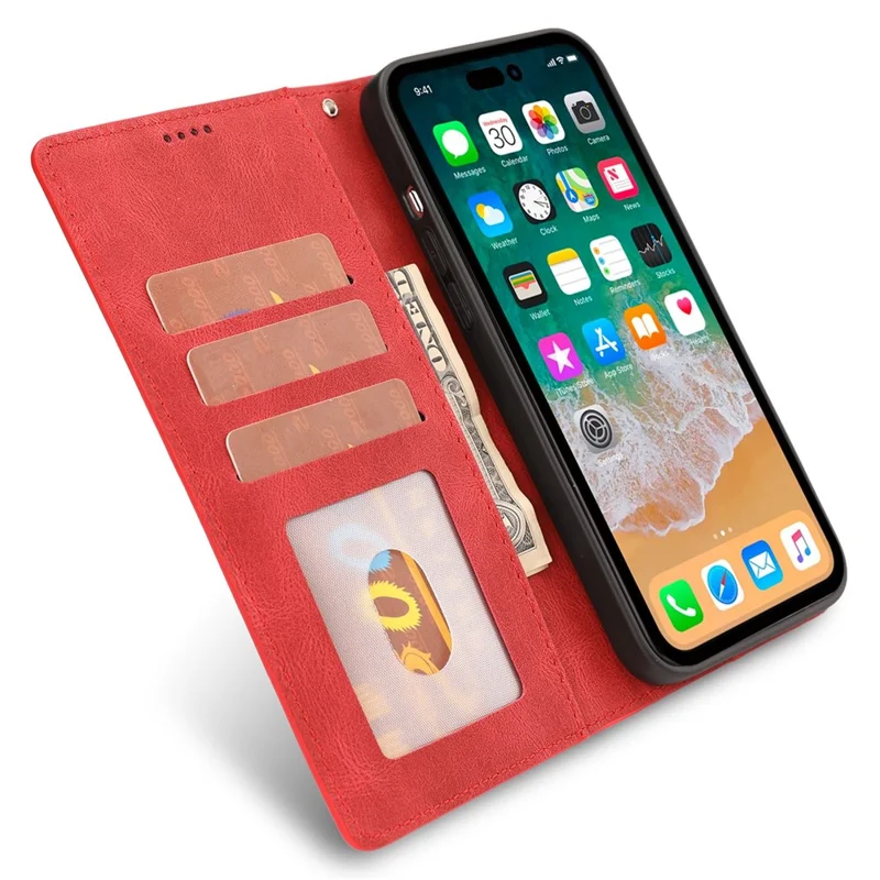 For iPhone 14 Pro Max 6.7 inch PU Leather Wallet Function Phone Shockproof Case Anti-drop Stand Cover with Strap - Red