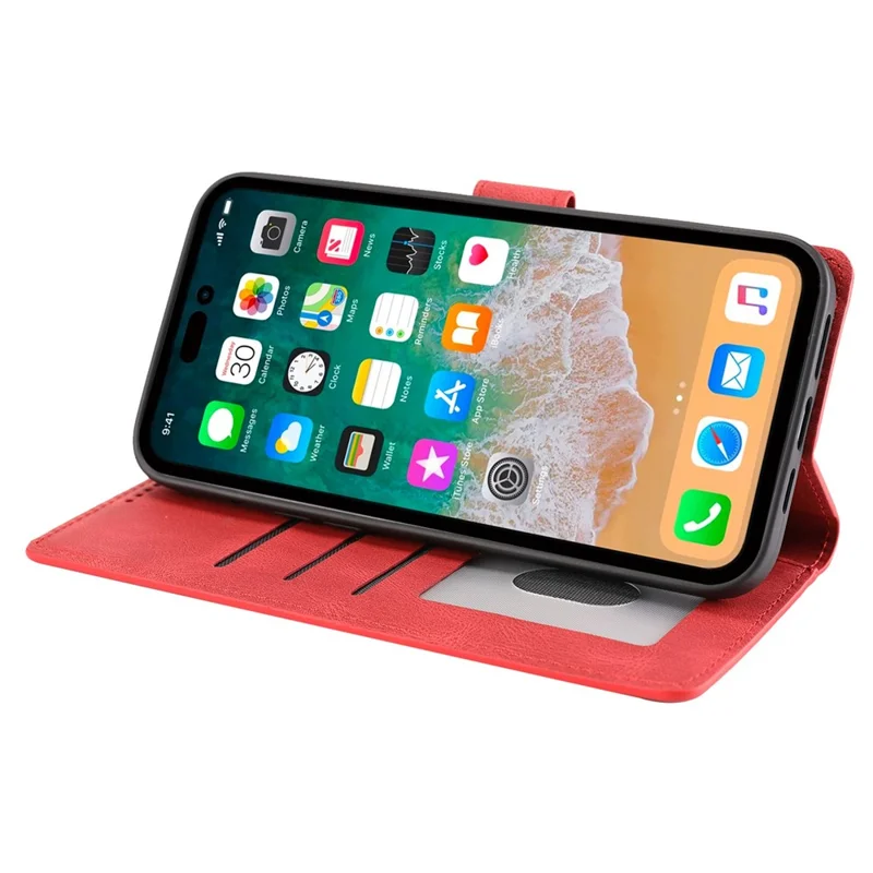 For iPhone 14 Pro Max 6.7 inch PU Leather Wallet Function Phone Shockproof Case Anti-drop Stand Cover with Strap - Red