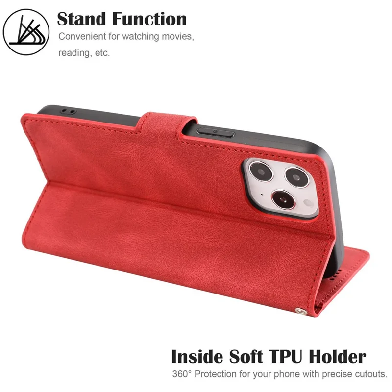 For iPhone 14 Pro Max 6.7 inch PU Leather Wallet Function Phone Shockproof Case Anti-drop Stand Cover with Strap - Red