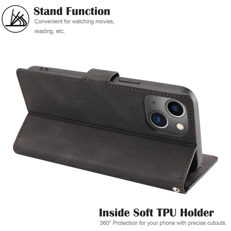 For iPhone 14 6.1 inch PU Leather Magnetic Clasp Phone Case Wallet Stand Drop-proof Cover with Strap - Black