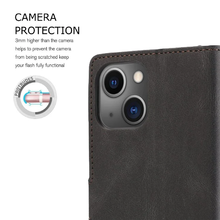 For iPhone 14 6.1 inch PU Leather Magnetic Clasp Phone Case Wallet Stand Drop-proof Cover with Strap - Black