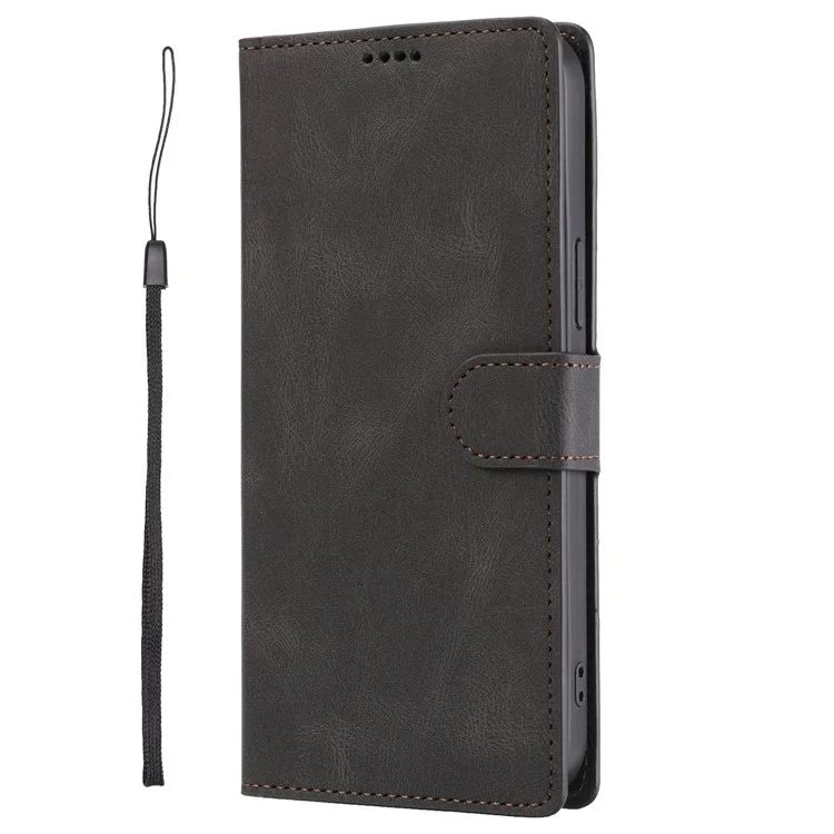 For iPhone 14 6.1 inch PU Leather Magnetic Clasp Phone Case Wallet Stand Drop-proof Cover with Strap - Black