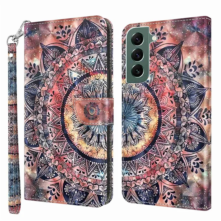 Flip Wallet Phone Case For Samsung Galaxy S22 5G, Drop-proof PU Leather 3D Pattern Printing Stand Magnetic Closure Cover with Strap -  Colorful Mandalas