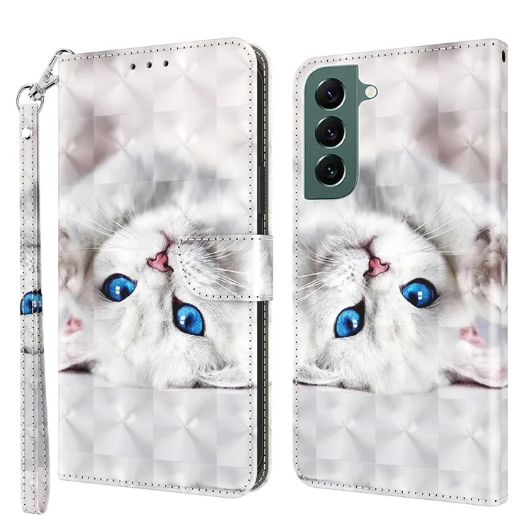 Phone Case For Samsung Galaxy S22+ 5G, Wallet Stand Style 3D Pattern Printing PU Leather + TPU Magnetic Shell with Strap - White Cat