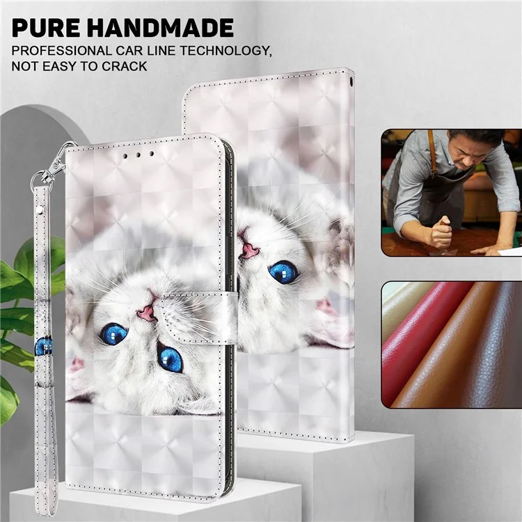 Phone Case For Samsung Galaxy S22+ 5G, Wallet Stand Style 3D Pattern Printing PU Leather + TPU Magnetic Shell with Strap - White Cat