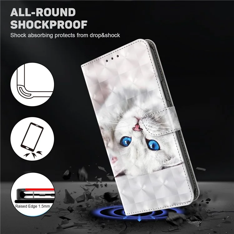 Phone Case For Samsung Galaxy S22+ 5G, Wallet Stand Style 3D Pattern Printing PU Leather + TPU Magnetic Shell with Strap - White Cat