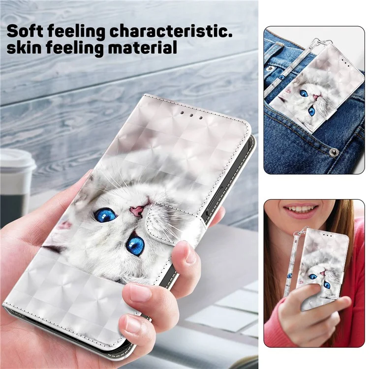 Phone Case For Samsung Galaxy S22+ 5G, Wallet Stand Style 3D Pattern Printing PU Leather + TPU Magnetic Shell with Strap - White Cat