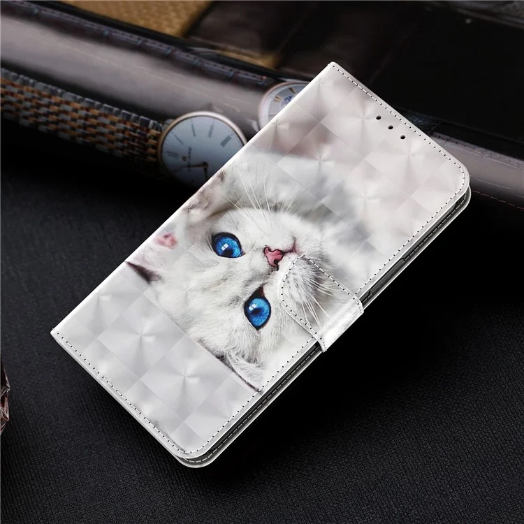 Phone Case For Samsung Galaxy S22+ 5G, Wallet Stand Style 3D Pattern Printing PU Leather + TPU Magnetic Shell with Strap - White Cat