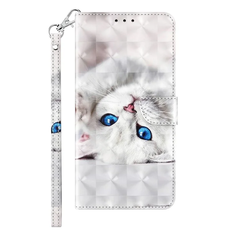 Phone Case For Samsung Galaxy S22+ 5G, Wallet Stand Style 3D Pattern Printing PU Leather + TPU Magnetic Shell with Strap - White Cat