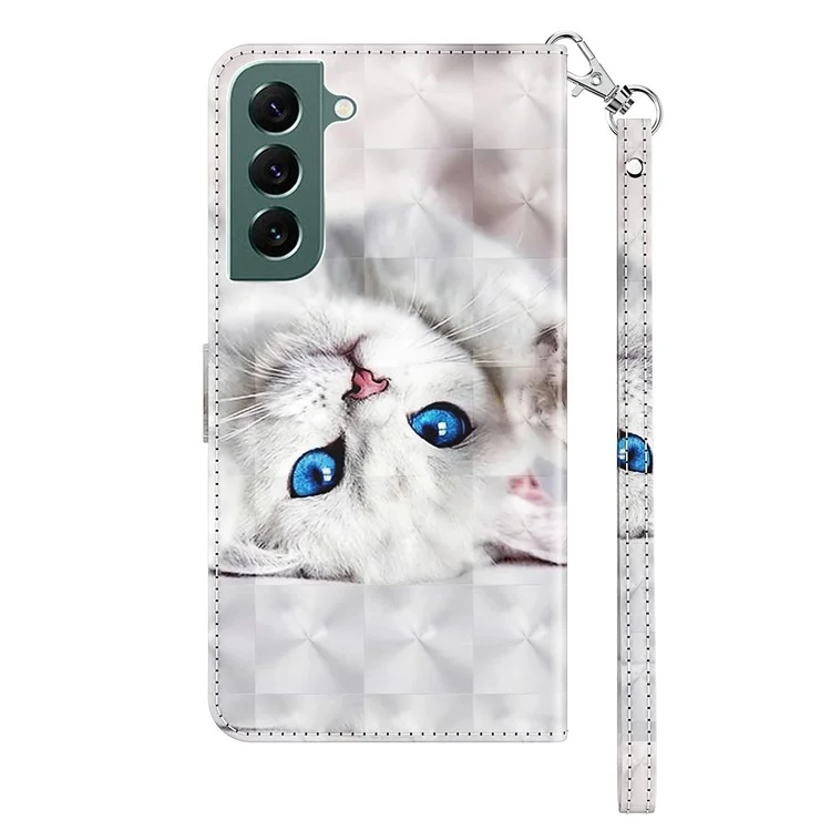 Phone Case For Samsung Galaxy S22+ 5G, Wallet Stand Style 3D Pattern Printing PU Leather + TPU Magnetic Shell with Strap - White Cat