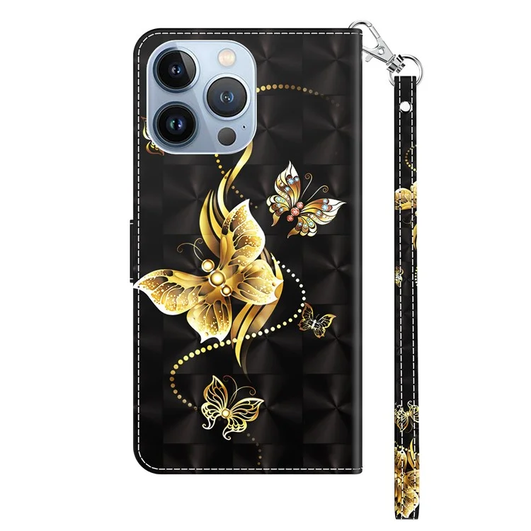 Phone Case For iPhone 14 6.1 inch, Stand Function 3D Pattern Printing PU Leather + TPU Wallet Style Protector with Strap - Golden Butterflies