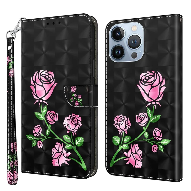 Telefonhülle Für Iphone 14 6,1 Zoll, Standfunktion 3D -muster Druck PU Leder + TPU -brieftaschen -schutz Mit Riemen - Rose