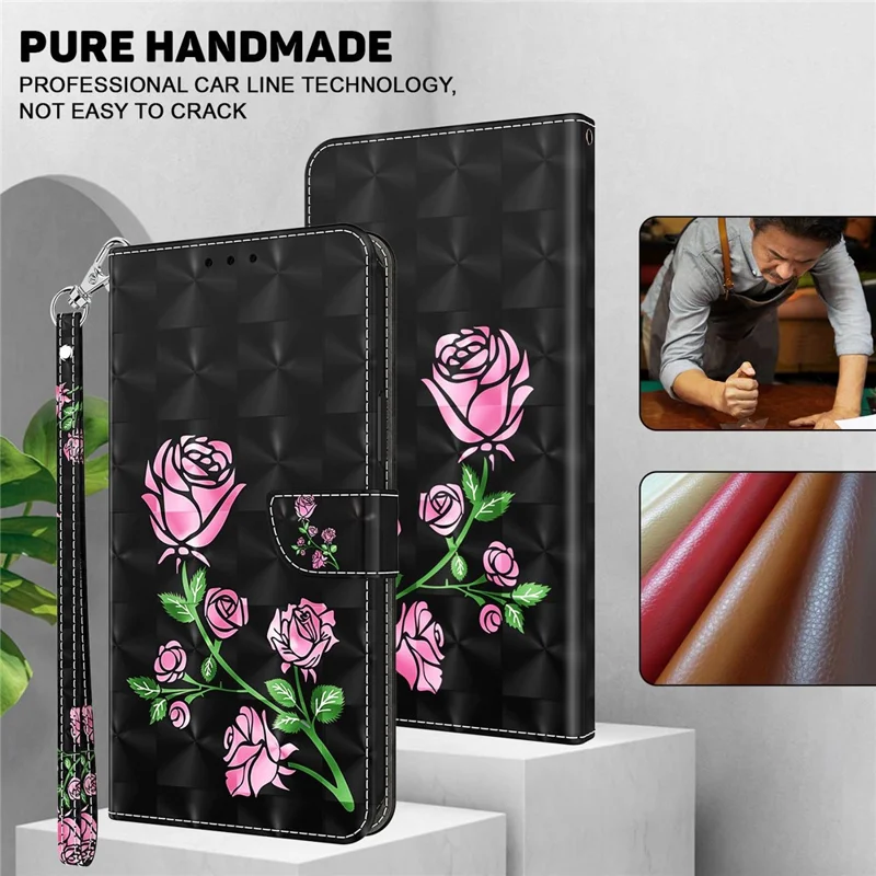 Telefonhülle Für Iphone 14 6,1 Zoll, Standfunktion 3D -muster Druck PU Leder + TPU -brieftaschen -schutz Mit Riemen - Rose
