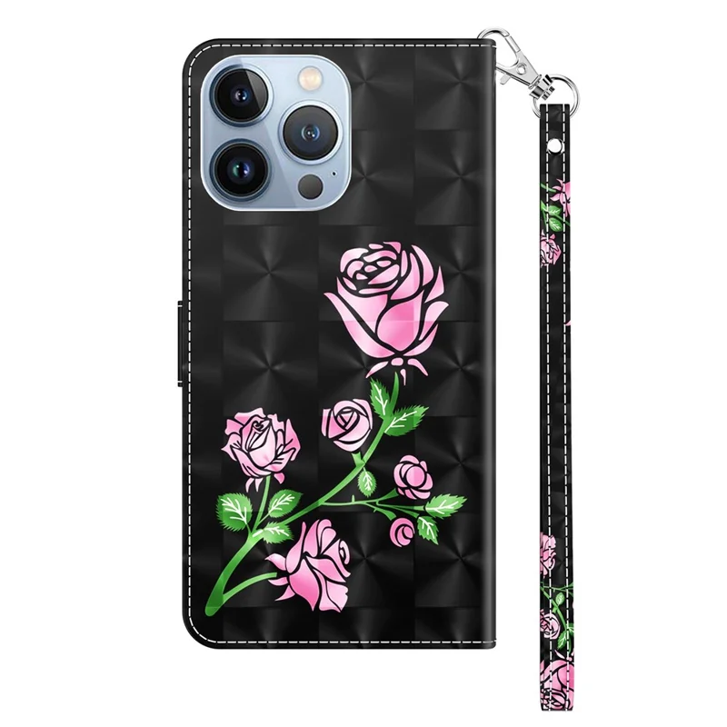 Telefonhülle Für Iphone 14 6,1 Zoll, Standfunktion 3D -muster Druck PU Leder + TPU -brieftaschen -schutz Mit Riemen - Rose