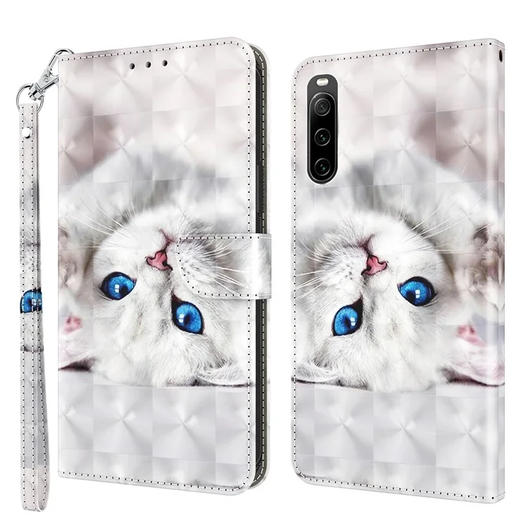 Für Sony Xperia 10 IV 5G 3D Kreatives Muster Druck PU Leder Flip Wallet Hülle Ständer Buchstyle Magnetic Protective Cover Mit Riemen - Weiße Katze