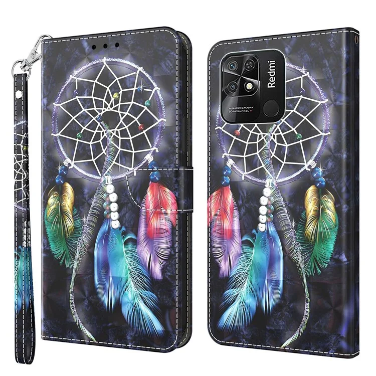 Para Xiaomi Redmi 10C 4G 3D Patrón de Impresión Diseño Flip Billetera PU Cierre de Cuero Magnético Cubierta de Soporte Con Correa - Catchante de Ensueño Colorido