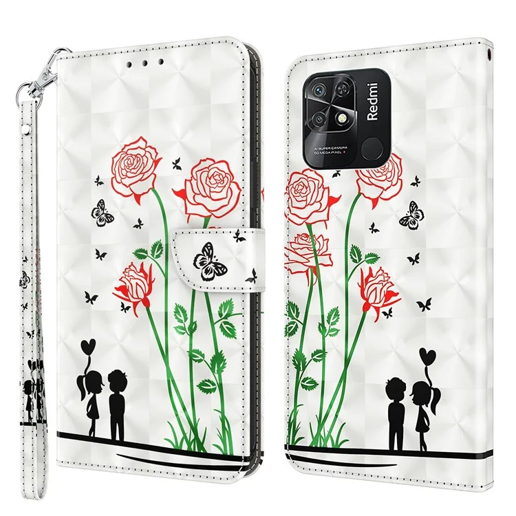 For Xiaomi Redmi 10C 4G 3D Pattern Printing Design Flip Wallet Case PU Leather Magnetic Closure Folding Stand Cover with Strap - Couple Roses