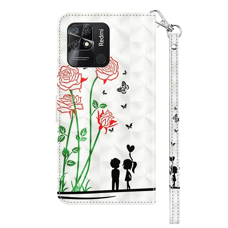 For Xiaomi Redmi 10C 4G 3D Pattern Printing Design Flip Wallet Case PU Leather Magnetic Closure Folding Stand Cover with Strap - Couple Roses