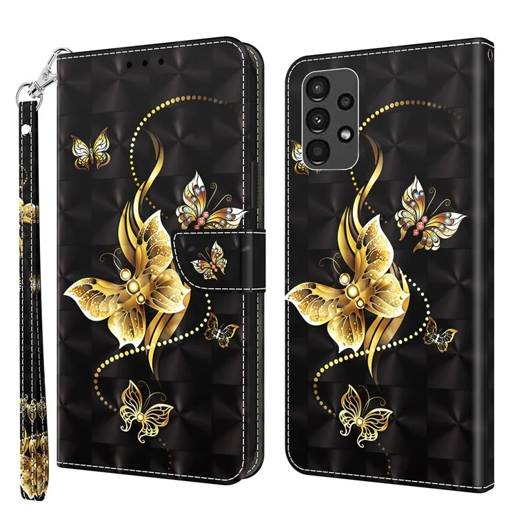 Para Samsung Galaxy A13 4G / 5G / A04s 4G (164.7 x 76.7 x 9.1 mm) Estuche de Flip de Cuero PU Impresión de Diseño de Patrón Creativo 3D Cartera con Soporte Magnético con Correa - Mariposas Doradas