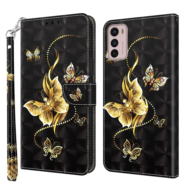 Para Motorola Moto G42 4G Impressão de Padrão 3D Caso da Carteira de Couro PU Suporte Magnético Proteger Flip Cover com Alça - Borboletas Douradas