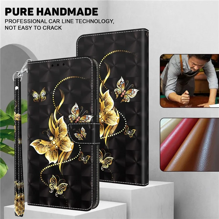 Para Motorola Moto G42 4G Impressão de Padrão 3D Caso da Carteira de Couro PU Suporte Magnético Proteger Flip Cover com Alça - Borboletas Douradas