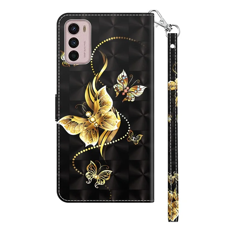 Para Motorola Moto G42 4G Impressão de Padrão 3D Caso da Carteira de Couro PU Suporte Magnético Proteger Flip Cover com Alça - Borboletas Douradas