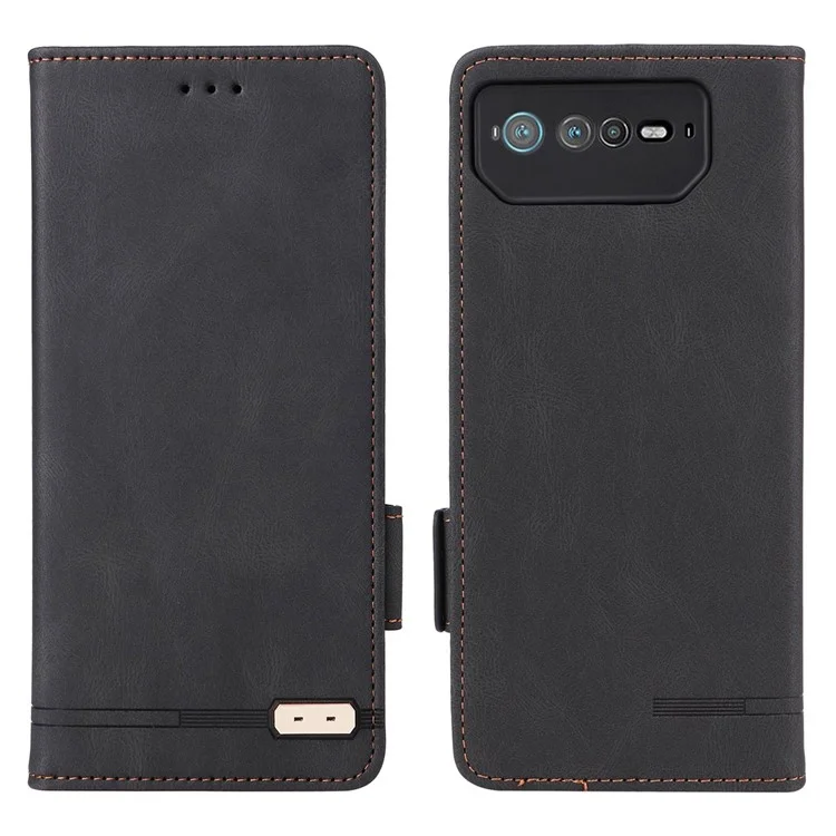 Case de Teléfono de Decoración de Hardware Para el Teléfono Asus ROG 6 5G, Standa de la Bloqueta de lo Cuero Dual Magno Magro PU - Negro