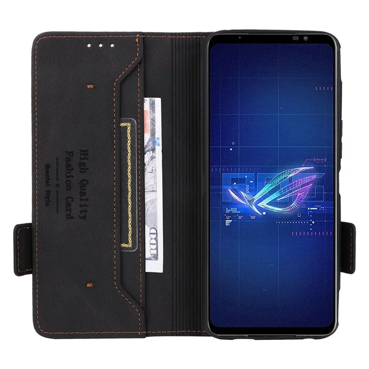 Case de Teléfono de Decoración de Hardware Para el Teléfono Asus ROG 6 5G, Standa de la Bloqueta de lo Cuero Dual Magno Magro PU - Negro