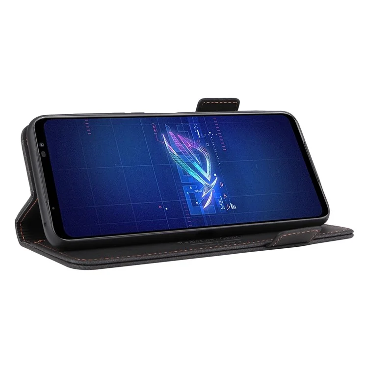 Case de Teléfono de Decoración de Hardware Para el Teléfono Asus ROG 6 5G, Standa de la Bloqueta de lo Cuero Dual Magno Magro PU - Negro