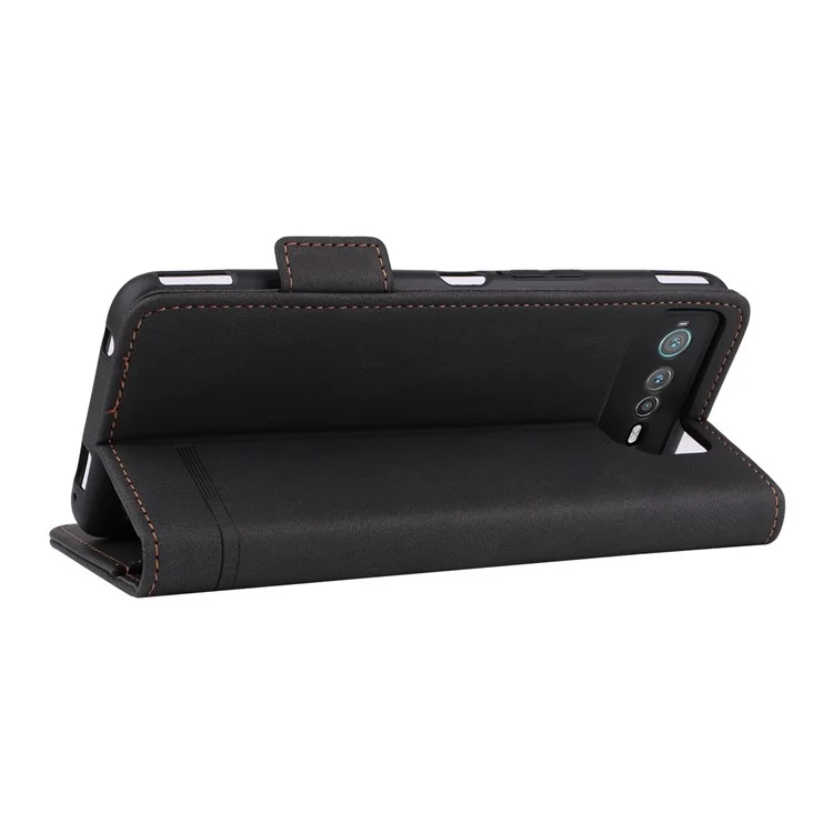 Case de Teléfono de Decoración de Hardware Para el Teléfono Asus ROG 6 5G, Standa de la Bloqueta de lo Cuero Dual Magno Magro PU - Negro