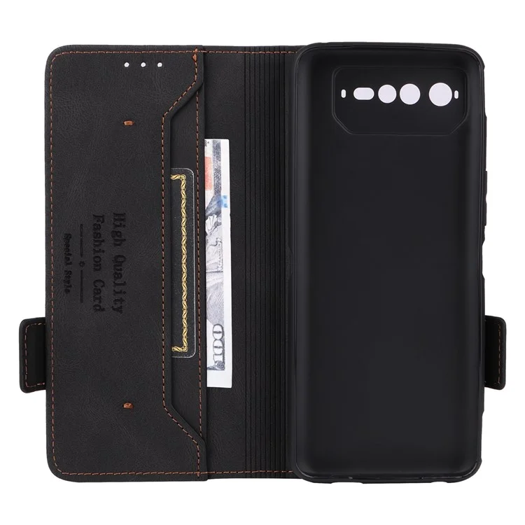Case de Teléfono de Decoración de Hardware Para el Teléfono Asus ROG 6 5G, Standa de la Bloqueta de lo Cuero Dual Magno Magro PU - Negro