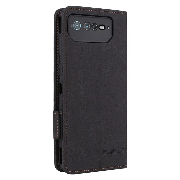 Case de Teléfono de Decoración de Hardware Para el Teléfono Asus ROG 6 5G, Standa de la Bloqueta de lo Cuero Dual Magno Magro PU - Negro