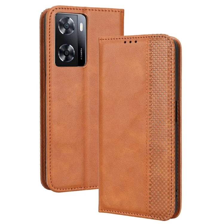 Téléphone Flip Wallet Case Pour Oppo A57 4G / A57 (CPH2387) (version Taiwan) Magnétique Magnétique Ferme Retro Imprint Modèle PU le Cuir Phone Cover Stand - Brun