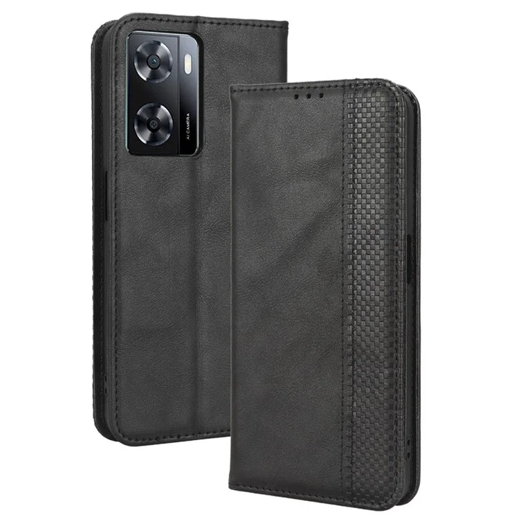 Phone Flip Wallet Case For Oppo A57 4G / A57s 4G / A57 (CPH2387) (Taiwan Version) Magnetic Auto Closing Retro Imprint Pattern PU Leather Phone Cover Stand - Black